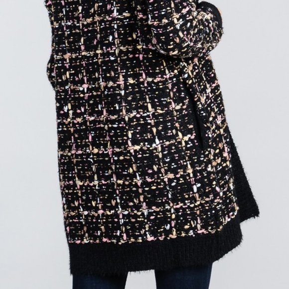 Black Confetti Tweed Knit Open Front Long Cardigan - Picture 8 of 12